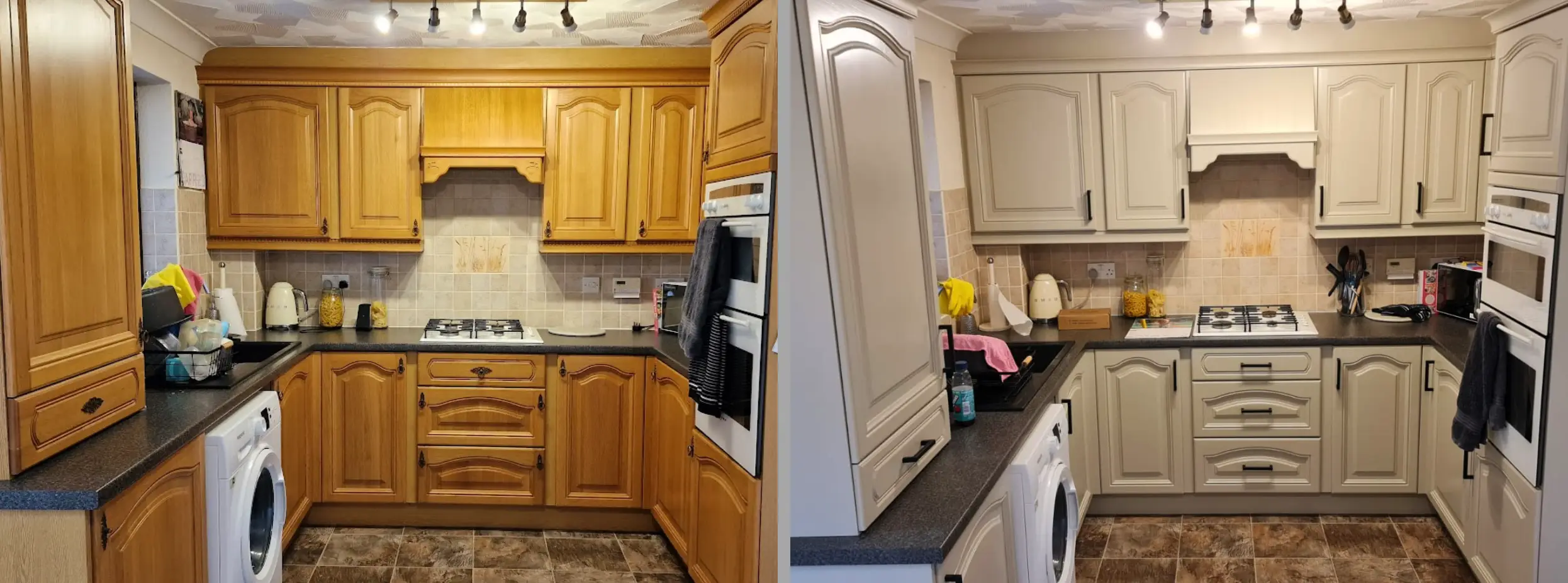 Before & After: Cathedral kitchen resprayed in Farrow & Ball Drop Cloth 283