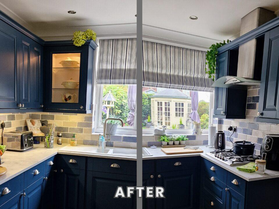 Stiffkey Blue shaker raised kitchen respray in North Hykeham by Gallant Restorations Stiffkey Blue shaker raised kitchen respray in North Hykeham by Gallant Restorations