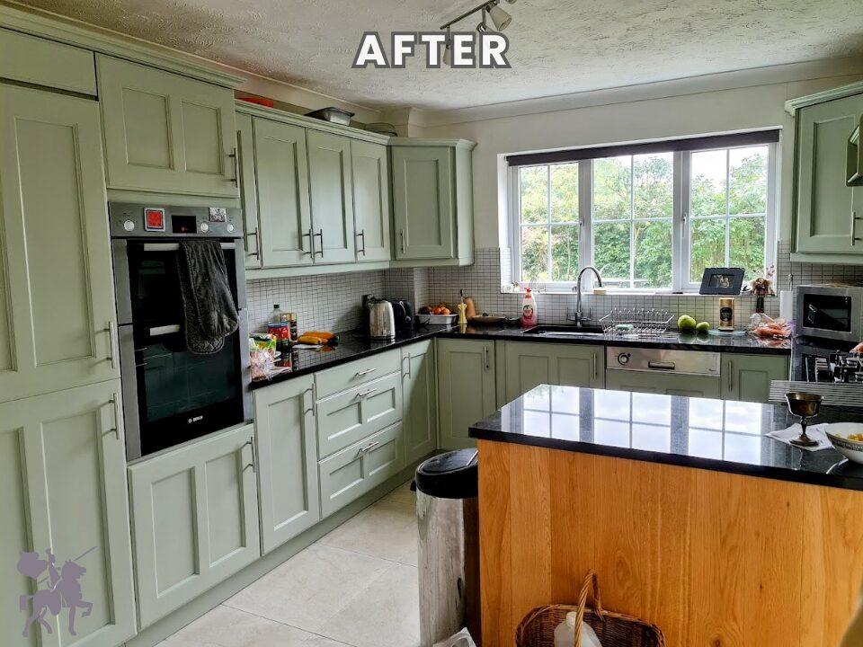 A modern kitchen after a landlord kitchen respray in Farrow & Ball Blue Grey.