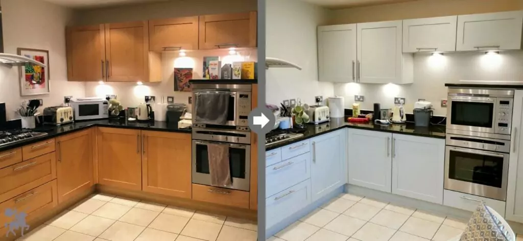 Before and after of a kitchen transformation from dark wood to modern white after a professional respray.