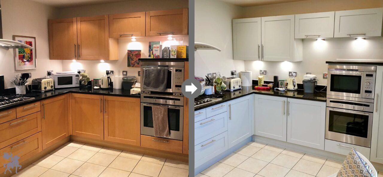 Before and after of a kitchen transformation from dark wood to modern white after a professional respray.