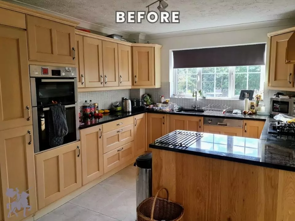 The original dated wood effect kitchen in Lincoln before its kitchen cabinet painting transformation.
