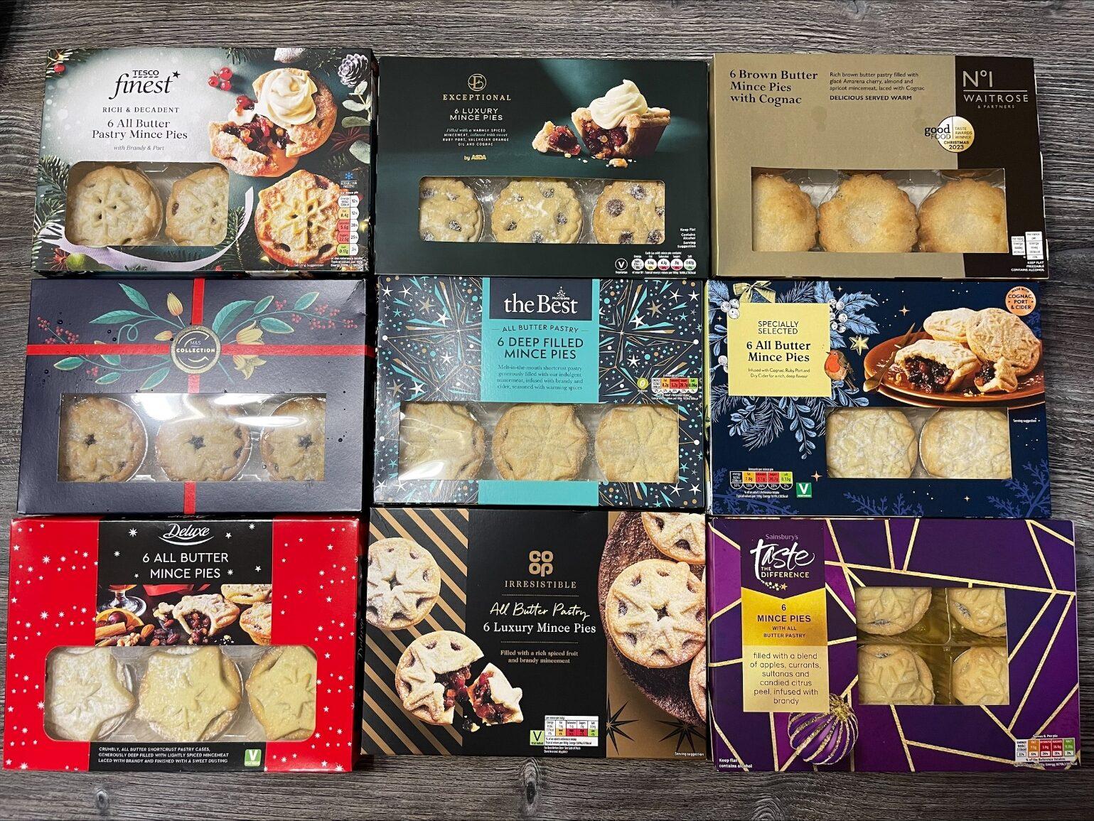 Mince pies from various supermarkets being scored.