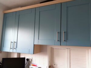 A resprayed kitchen door in Farrow & Ball Stone Blue